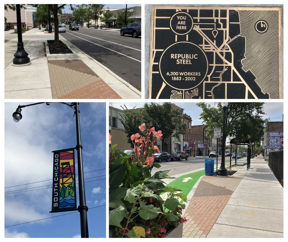 An image of a decorative streetlight banner, a sidewalk plaque, and two photos of the street and sidewalk on Commercial Avenue in South Chicago